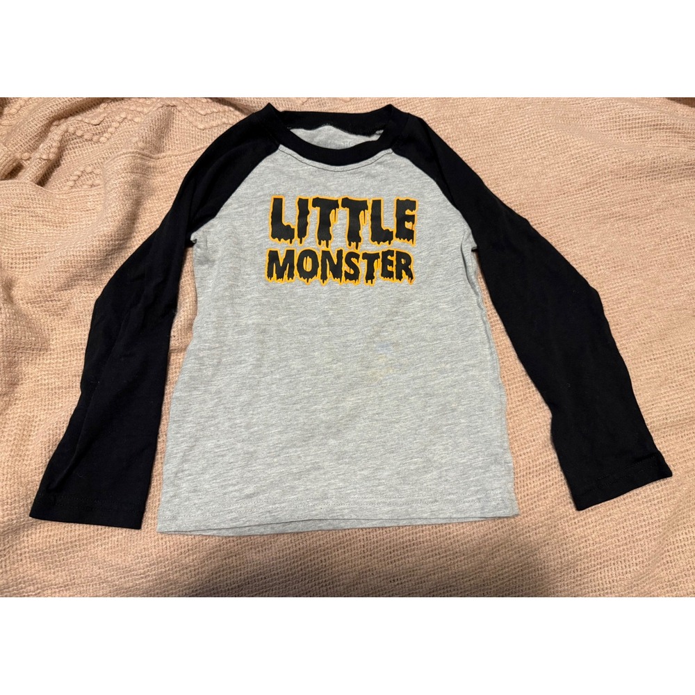 Hot Threads Kids Little Monster Raglan Baseball Tee Gray Black Long Sleeve 4T